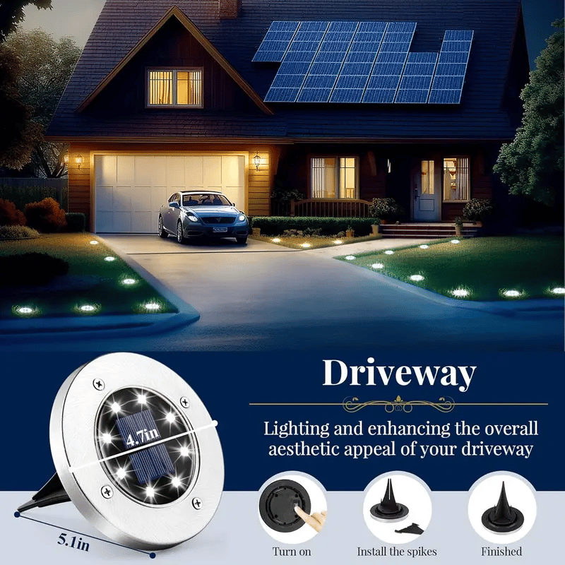 Outdoor Solar Garden Light IP65 Waterproof Stainless Steel 8 LED Auto Light Sensor Landscape Lighting Cold White Wireless Pathway Light for Patio Lawn Yard Walkway