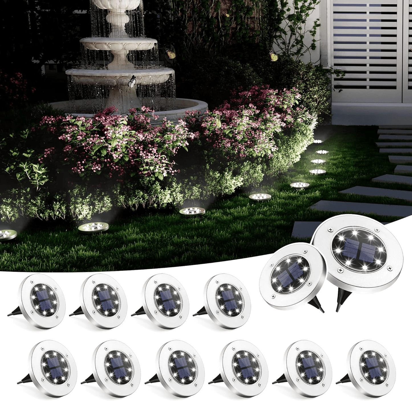 Outdoor Solar Garden Light IP65 Waterproof Stainless Steel 8 LED Auto Light Sensor Landscape Lighting Cold White Wireless Pathway Light for Patio Lawn Yard Walkway