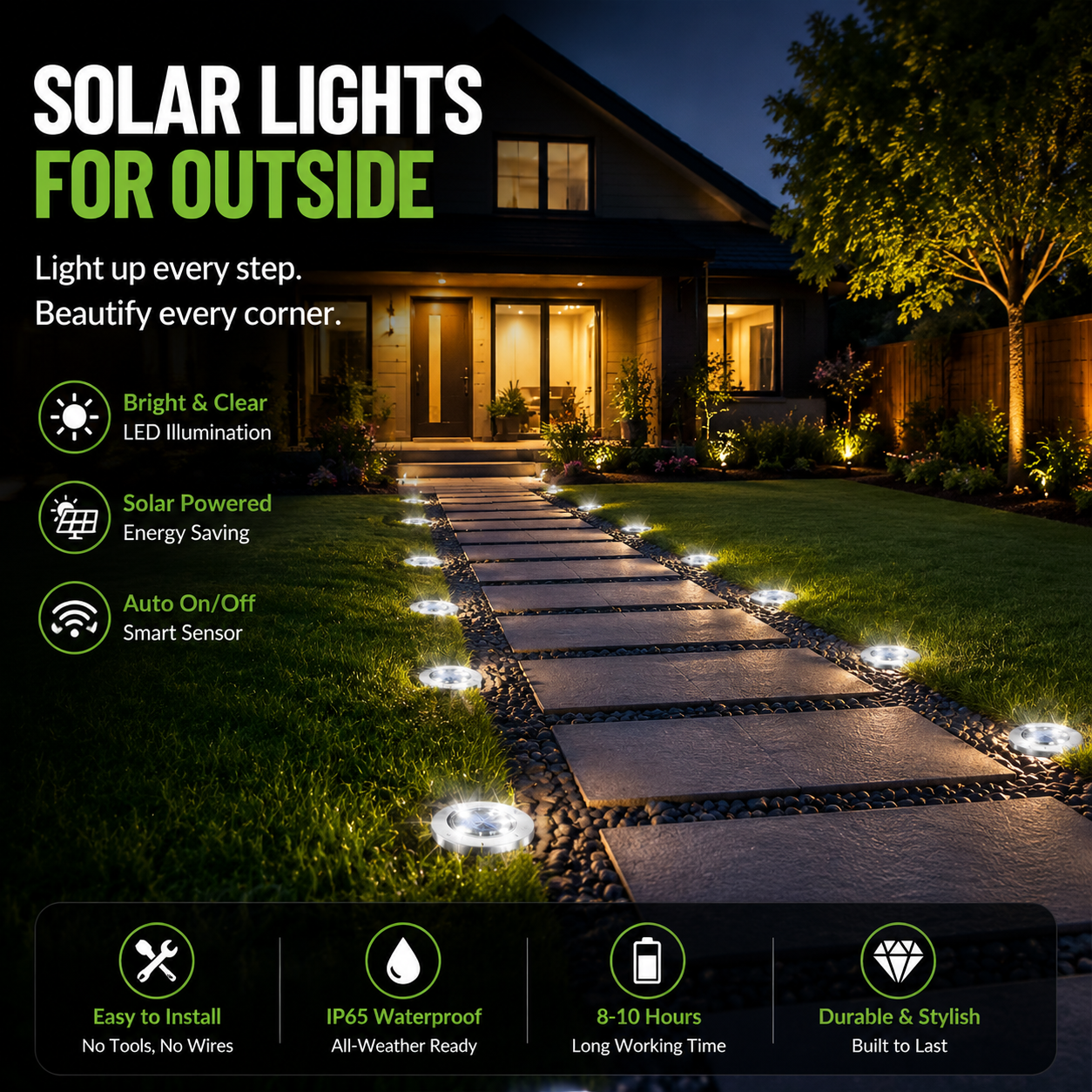 Outdoor Solar Garden Light IP65 Waterproof Stainless Steel 8 LED Auto Light Sensor Landscape Lighting Cold White Wireless Pathway Light for Patio Lawn Yard Walkway